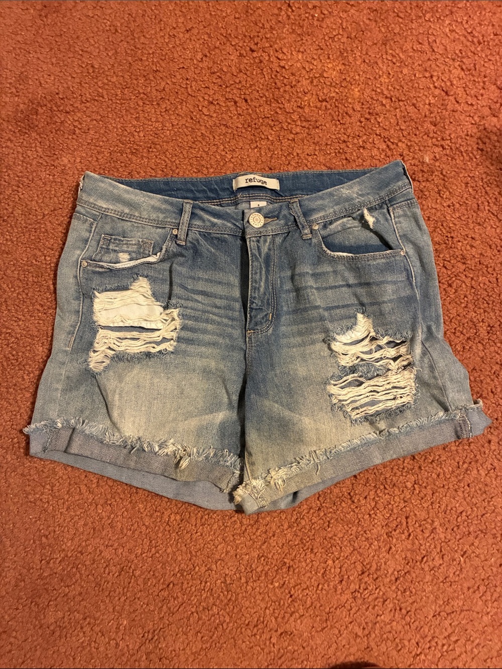 Refuge Light Blue Distressed Denim Cutoff Shorts, Size medium